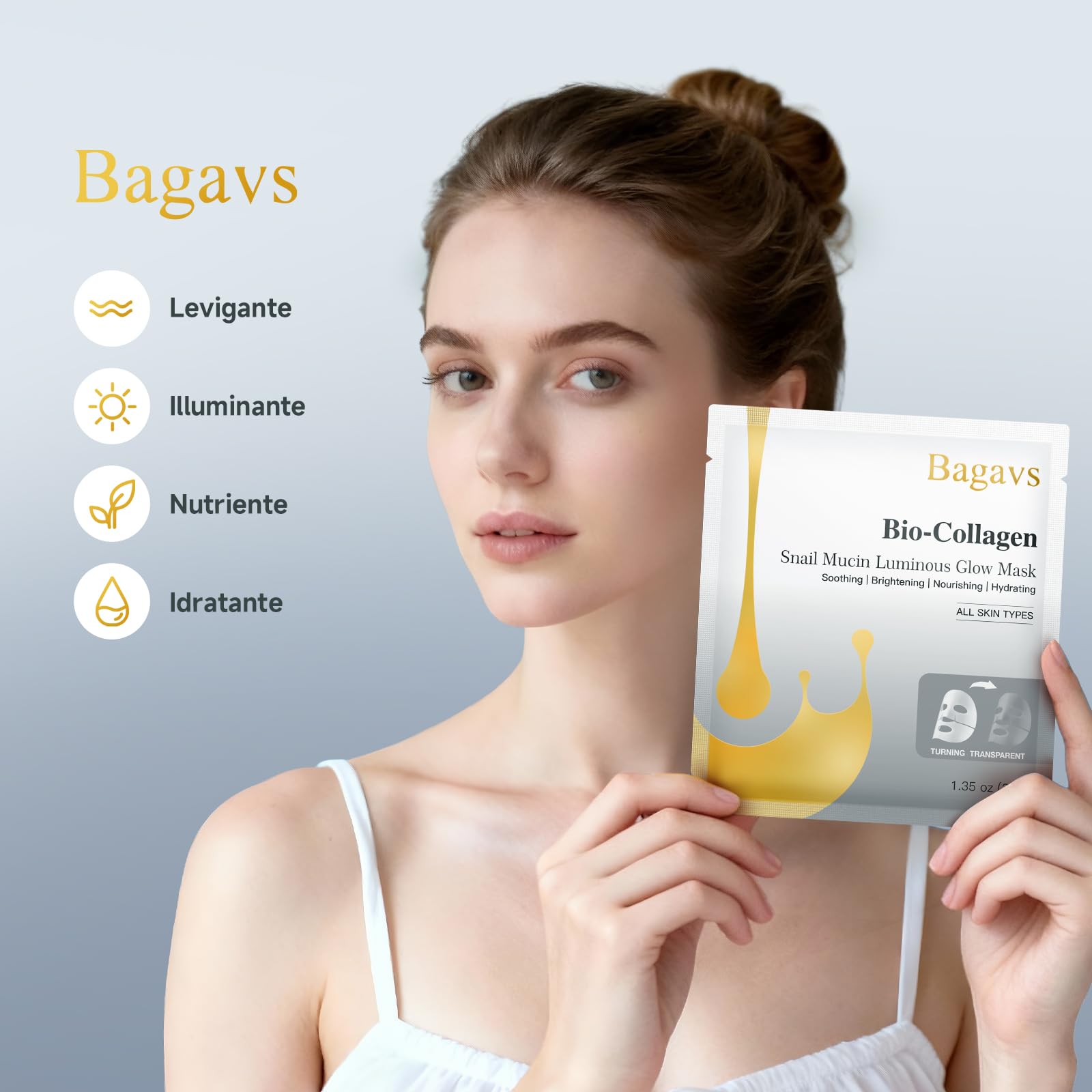 Bagavs Maschera Viso Bio-Collagene e Bava di Lumaca, Maschera Illuminante Idratante Lenitiva e Nutriente per Pelle Luminosa, Confezione da 4 - 3