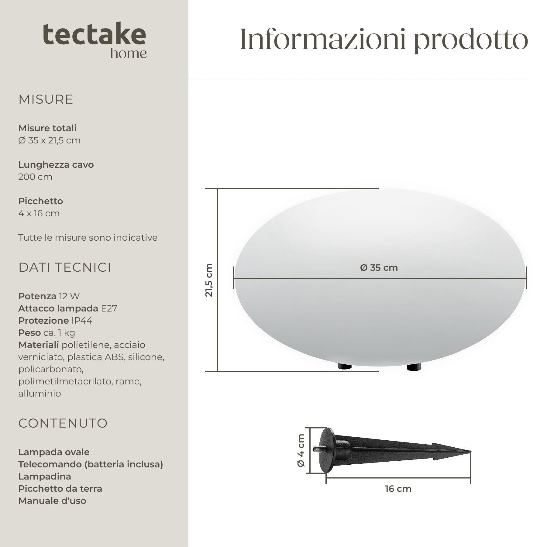 tectake® Lampada da terra Sfera LED, luce RGB da esterno e interno, telecomando, 16 colori, 1200 lumen, IP44 water proof, polietilene, luci giardino arredo esterno, piedini - M - Ø 35 x 21,5 cm