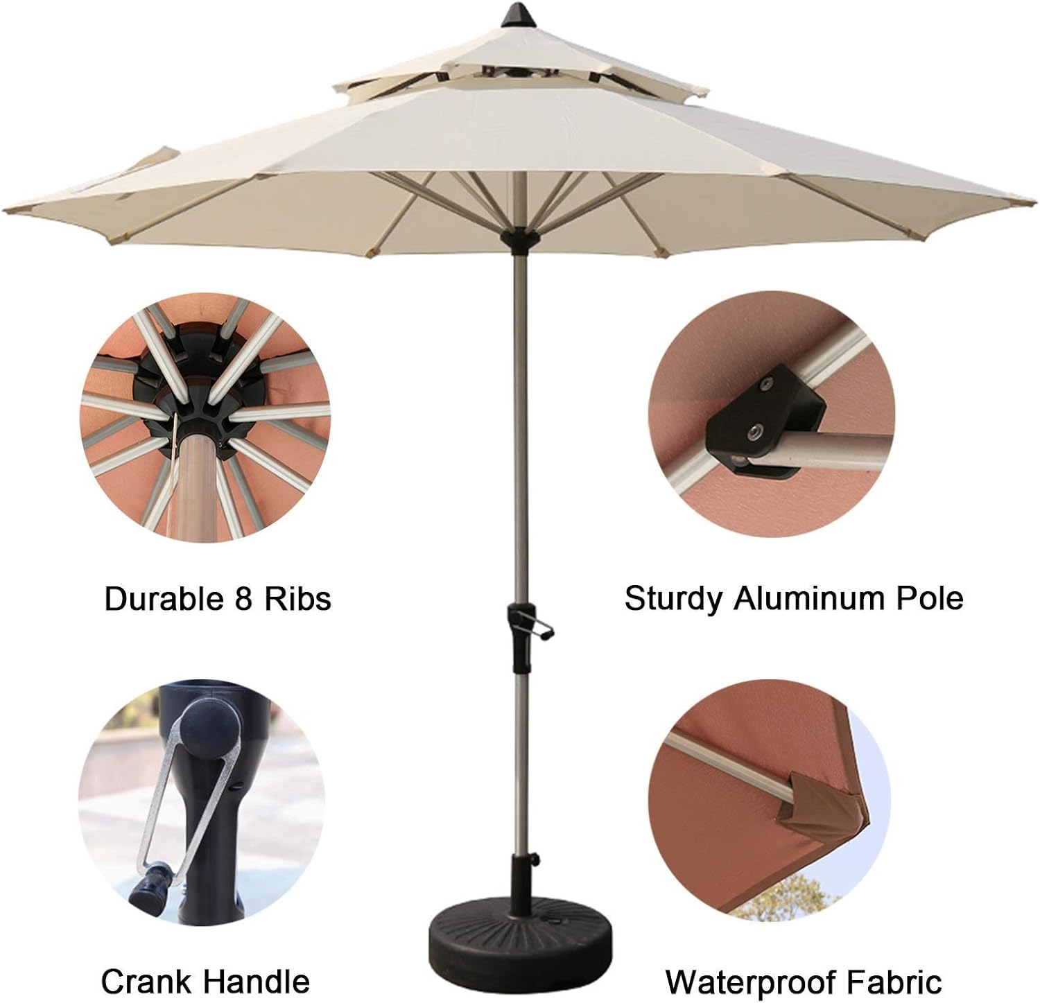 2.7m/9ft Seaside Table Umbrella, Outdoor Patio Garden Parasol Waterproof Sun Shade Market Umbrellas, Double Top, with Stable Base (Color : Khaki) (Khaki) (Beige)
