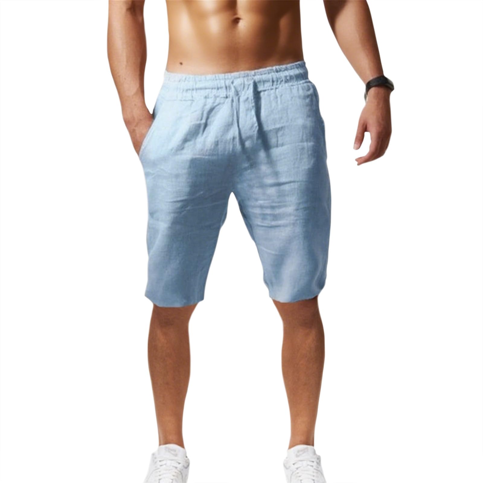 Linen Shorts for Men Soild Color Beach Shorts Elastic Waist Drawstring Outdoors Short Lightweight Sports Short