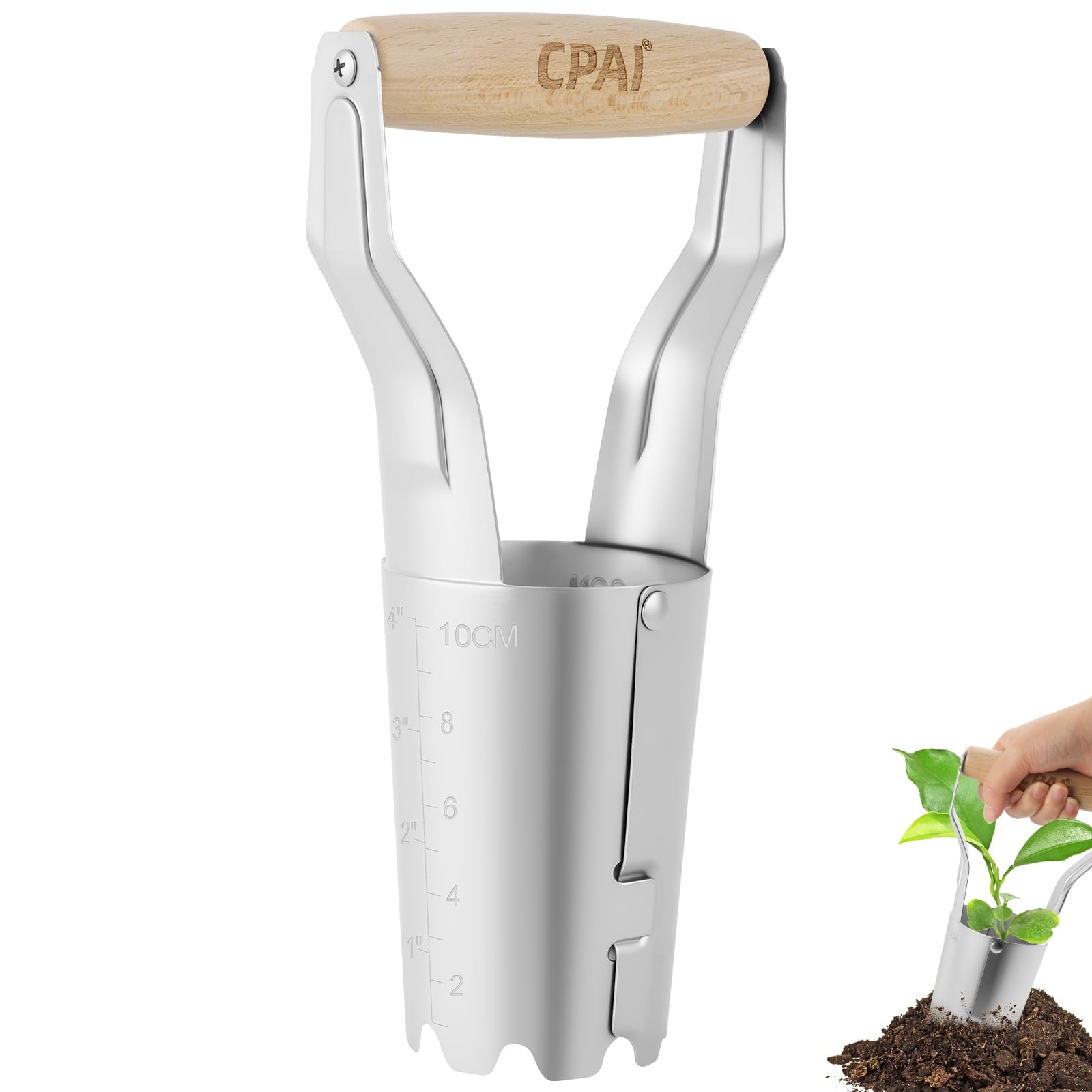 Strumento Pianta Bulbi, Strumento per Piantare Ferro Cromato Graduato, Trapiantatore foraterra manuale per bulbi, Piantabulbi Veloce, Manico in Legno per Bulbi, Pianta Ortaggi