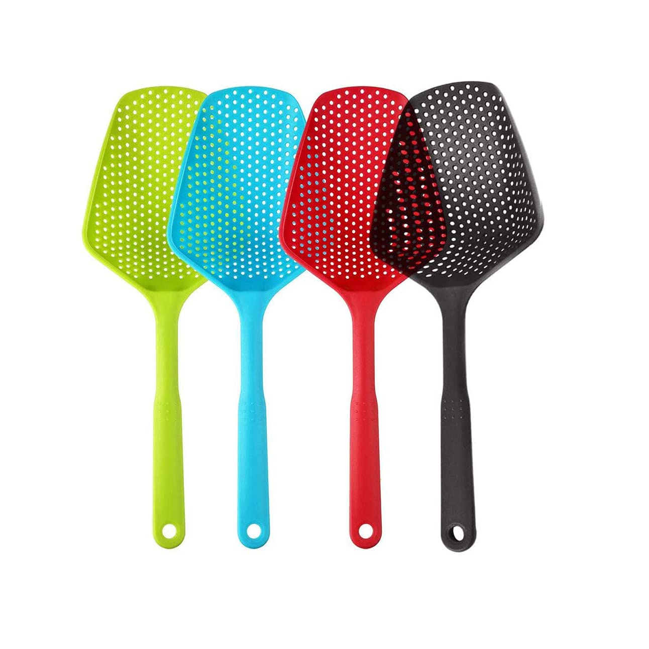 Tiardey Red, Black, Green, Blue 4 Pieces Kitchen Strainer Scoop Colander, Skimmer Spoon With Long Handle, Drain Shovel Strainers, Water Leaking Shovels Ice Shovel Colanders