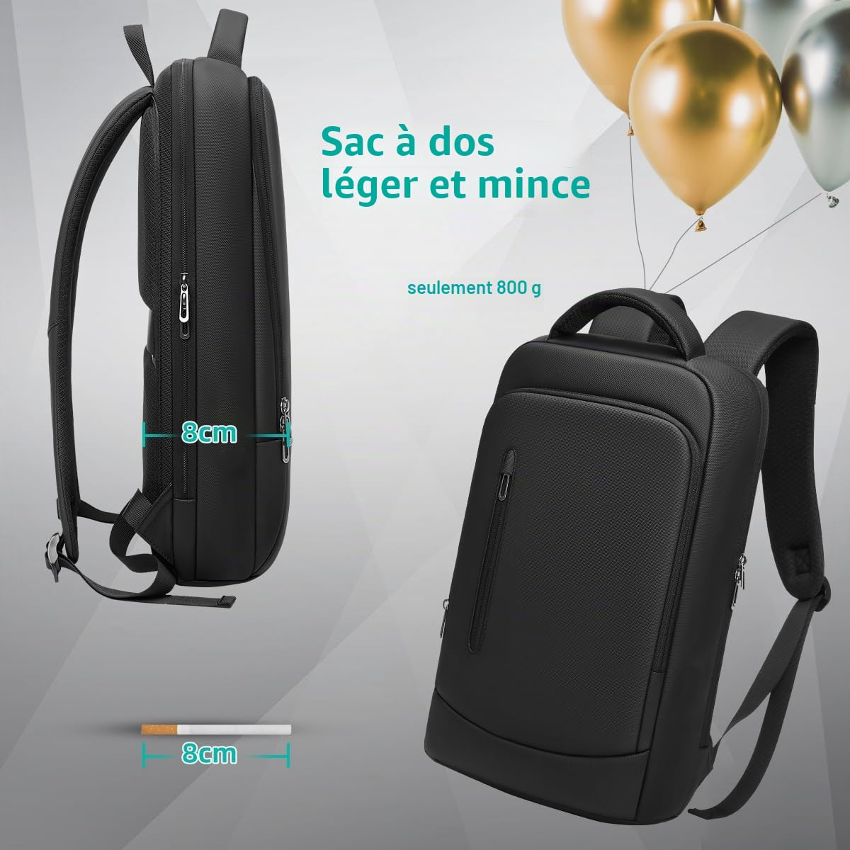 Sac à Dos Ordinateur Portable Imperméable 15.6 Pouces PC Portable pour Homme Femme Léger Sac à Dos d'affaires pour Voyage Loisir Scolaire-Noir