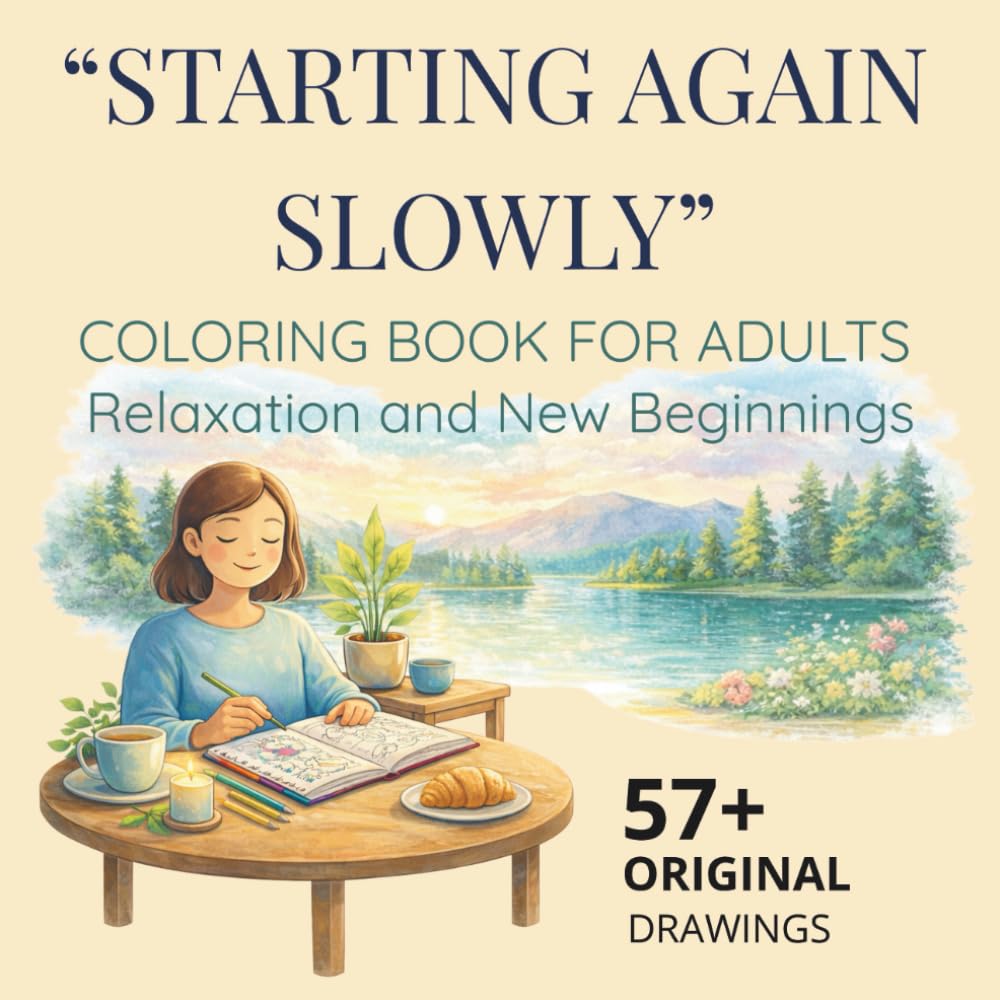 "Starting Again Slowly": Coloring Book for Adults and Teens - Relaxation and New Beginnings - Scenes of Serenity: Harmonious Rooms, Gardens and Nature to Reduce Stress and Find Peace