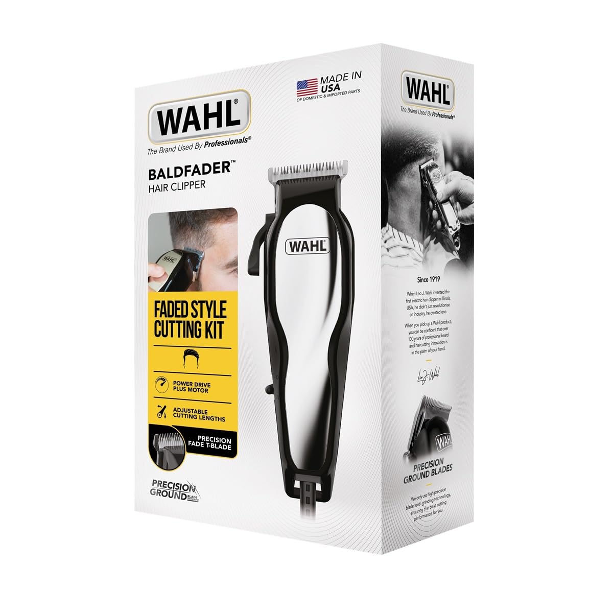 WAHL Baldfader, cortapelos para hombres, cable, longitudes precisas, 8 peines, cuchillas de precisión autoafilables, de pelo corto