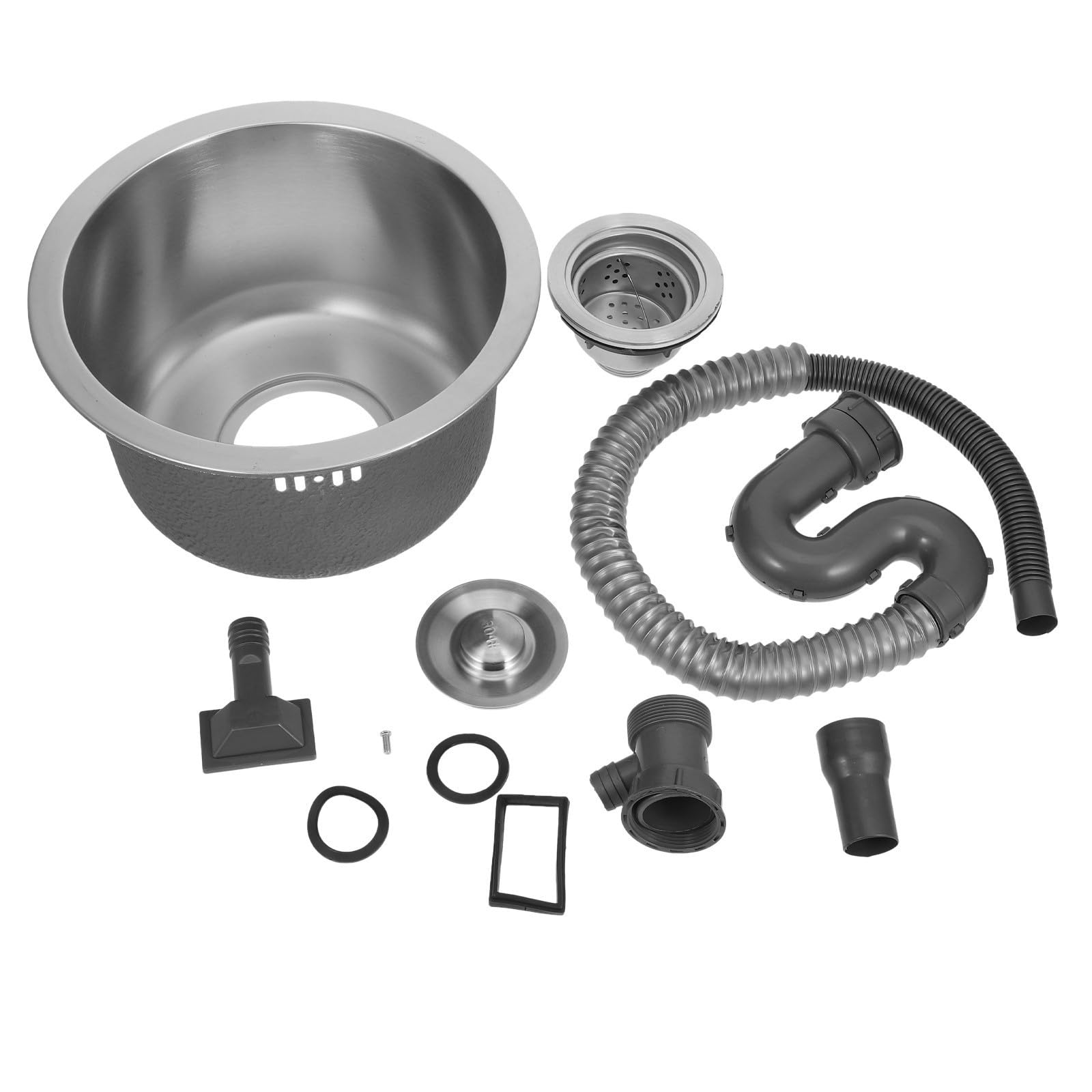 Fregadero de acero inoxidable mini redondo con acabado plata pulida y kit de desagüe completo