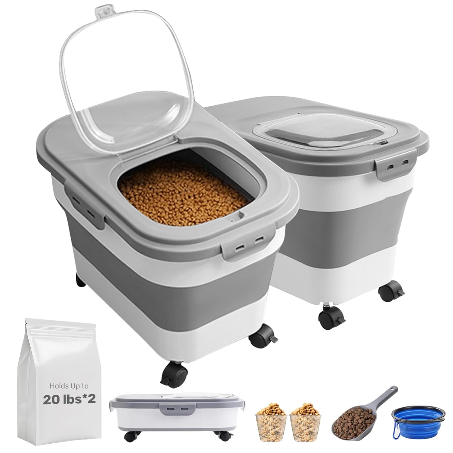 Dog Food Storage Container 2pack*20LB,Collapsible Dog Food Container with Travel Silicone Bowl and Scoop for Dog/Cat/Bird Food/Cat litter,Keep Dry Food Fresh,Easy to Move.