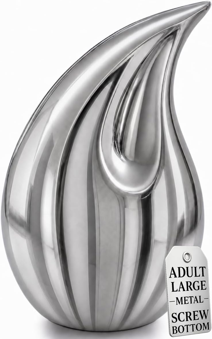 Urns for Ashes Adult Large, Human Cremation Funeral Burial Earn for Remains | Teardrop Memorial Tribute, Solid Cast Aluminium Metal, Secure Screw Lid, Weatherproof, Handmade, Decorative, Silver, 193 lbs