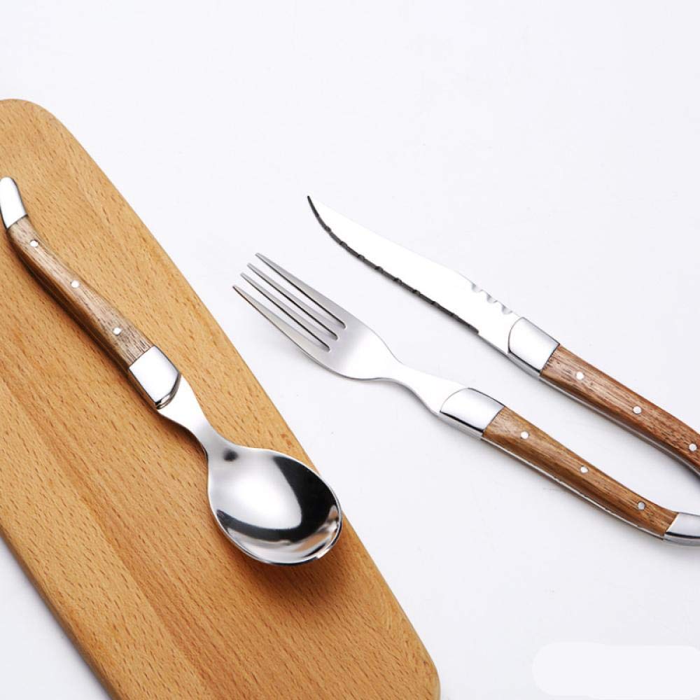 Juego de cubiertos de 3 piezas con mango de madera, incluye cuchillo, tenedor, cuchara para uso en el hogar, piezas de acero inoxidable, juego de cubiertos apto para cocina, fiesta, camping, multiusos
