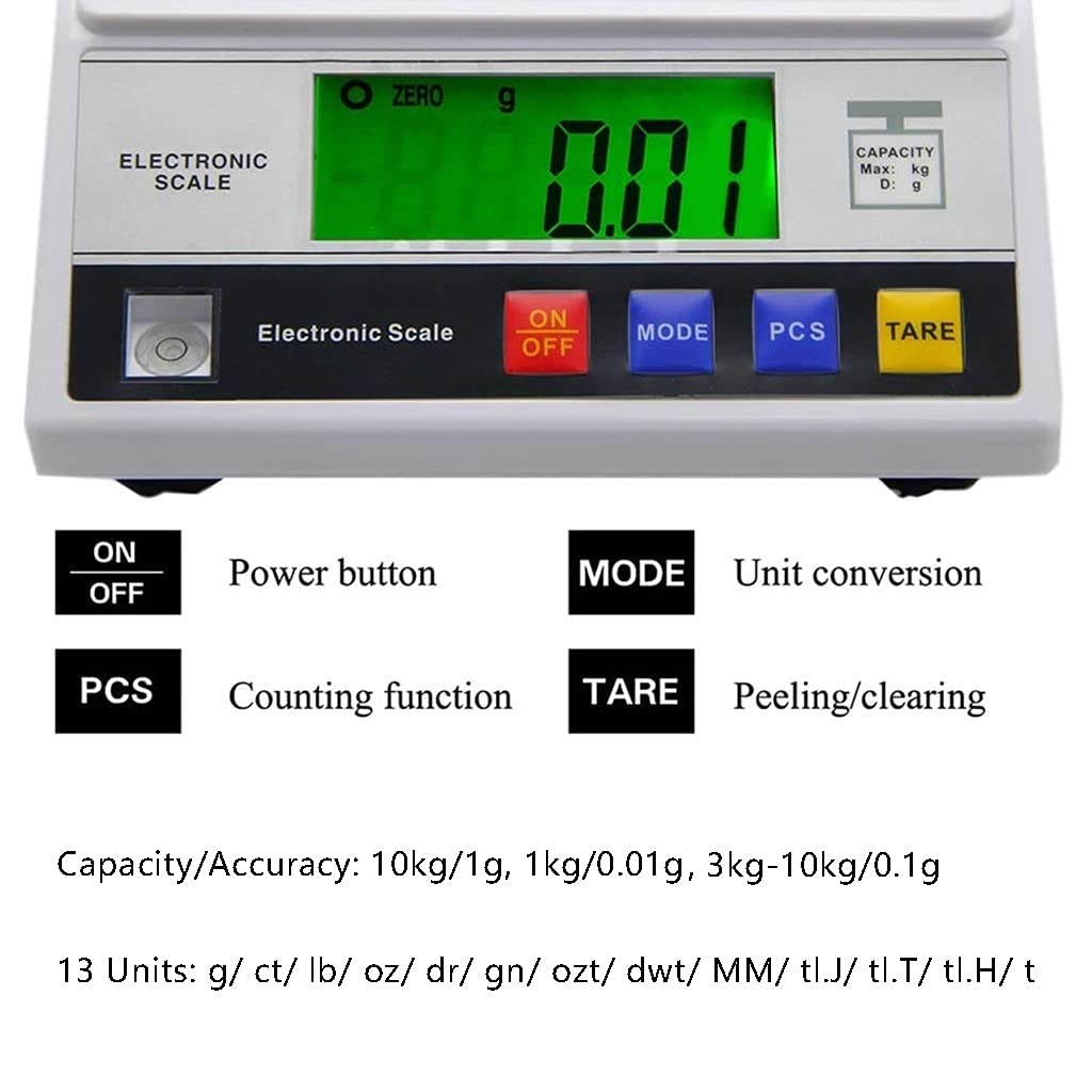 Bilancia analitica di precisione Digitale da Laboratorio 1 g/ 0,1 g/ 0,01 g da Cucina, Gioielli, Grammi, Batteria Ricaricabile (10 kg/1 g) ()