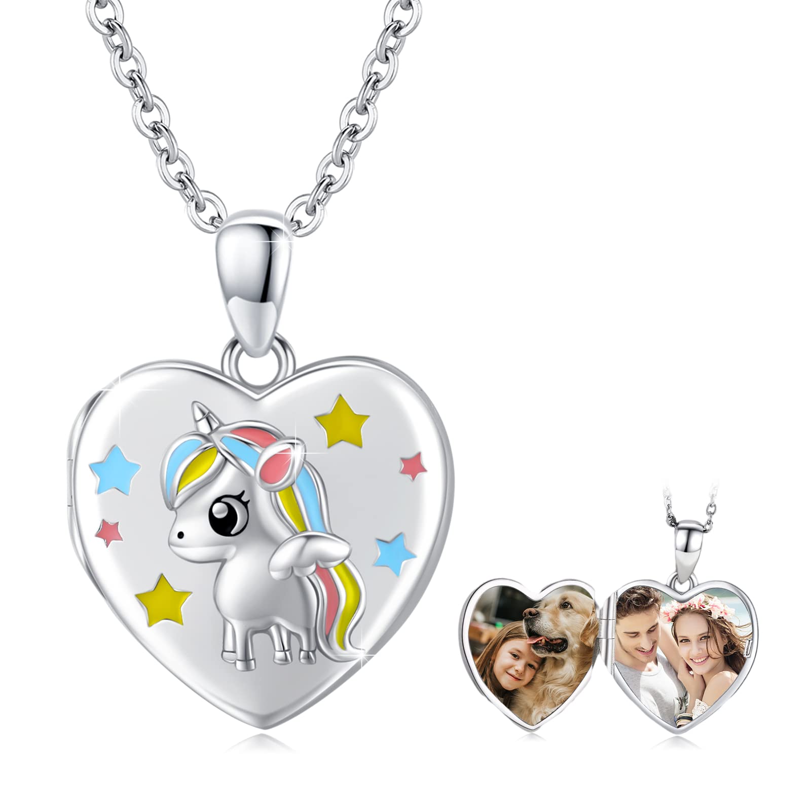 OHAYOO Einhorn Kette mit Bild 925 Sterling Silber Einhorn AnhäNger Medallion Zum Öffnen mit Bild Schmuck Geschenke für Frauen MäDchen Kinder