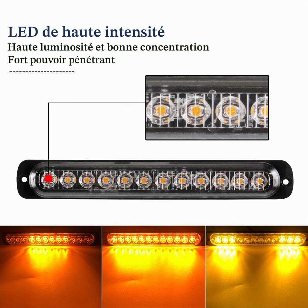 2x 12LEDS Led Stroboscope Voiture Avertissement D'urgence Lumières Strobe Voyants D'avertissement Bar Lumière de Mode de Clignotant Moto (Ambre)