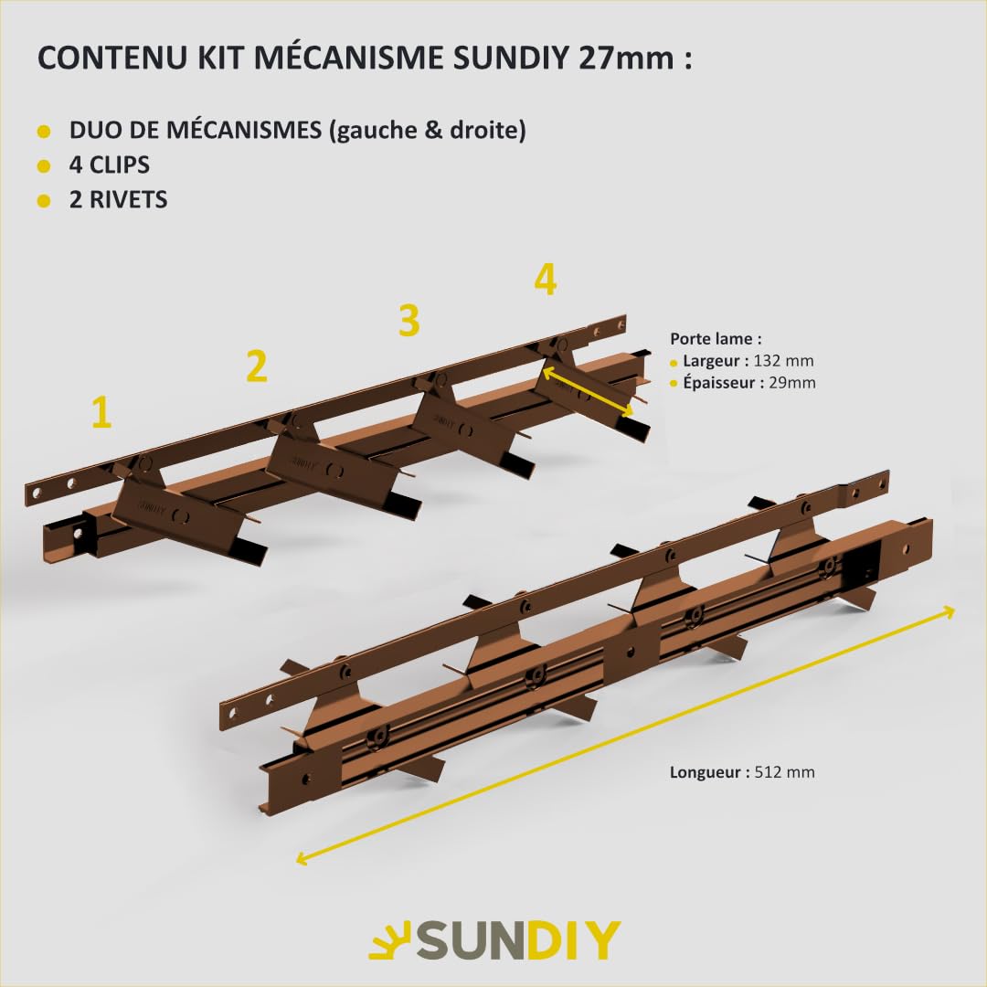 Mécanisme Lames Orientables 27 mm 100% ALU pour Pergola Bioclimatique SUNDIY MARRON CORTEN