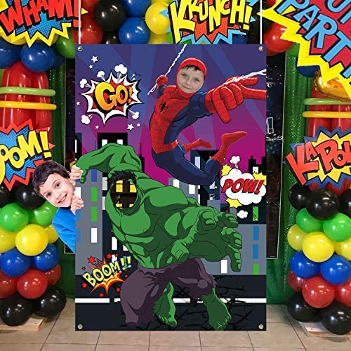 TUWUNA Superhero Photo Door Banner,Spider and Green Giant Superhero Face Photography Fabric Banner Background for Kids Birthday Party Favor Supplies Decorations and Party Game Photo Props Backdrop Props