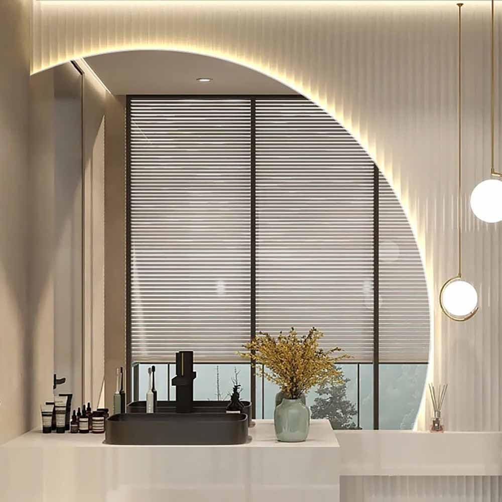 SXFSDOU 40in Anti-Fog Bathroom Mirror with Touch Switch, 36in Semicircle Backlit Makeup Mirror, 32in Dimmable 3 Color Vanity 28" Half Moon Frameless Decorative ShatterProof(Left Under