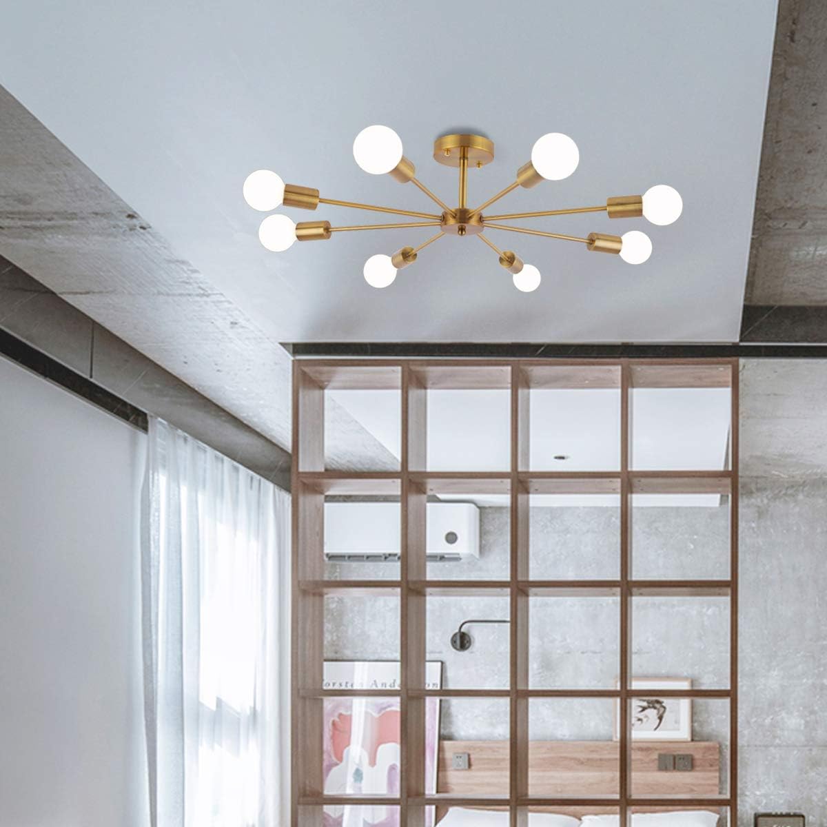 🔥 Flash Sale PUUPA 8 Lights Ceiling Light Chandelier, Modern Mid Century Sputnik Industrial Metal Radial Art Design Semi Flush Mount Light Fixture Gold