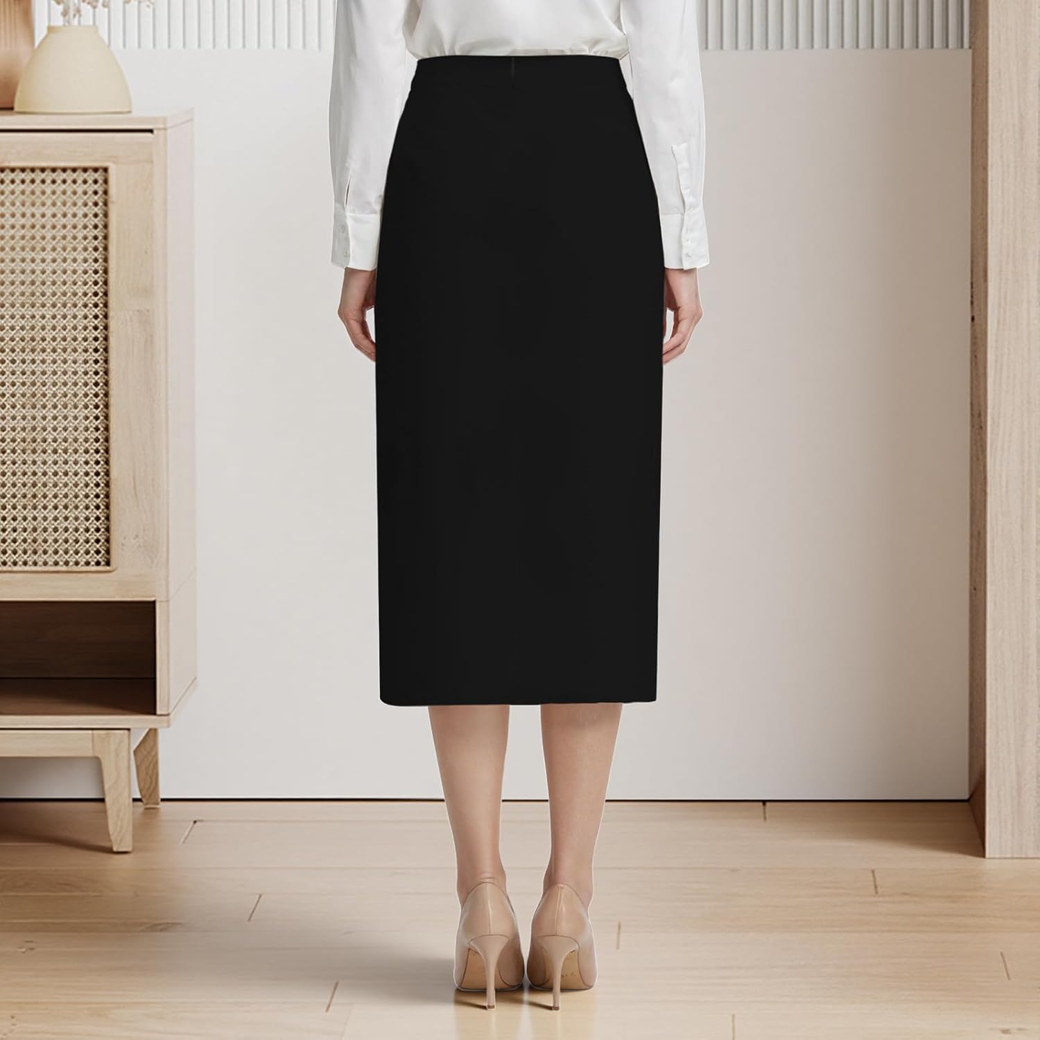 Women's Midi Skirt Hight Waist Elastic Split Straight Below The Knee Length with Buttons Office Casual Outfit Skirt - Image 4
