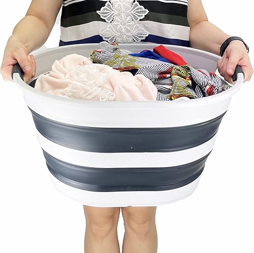 Miniatura 2 de SAMMART Juego de 2 cestas plegables de plástico para la ropa sucia de 23 litros (6 galones), tina ovalada, contenedor de almacenamiento plegable,