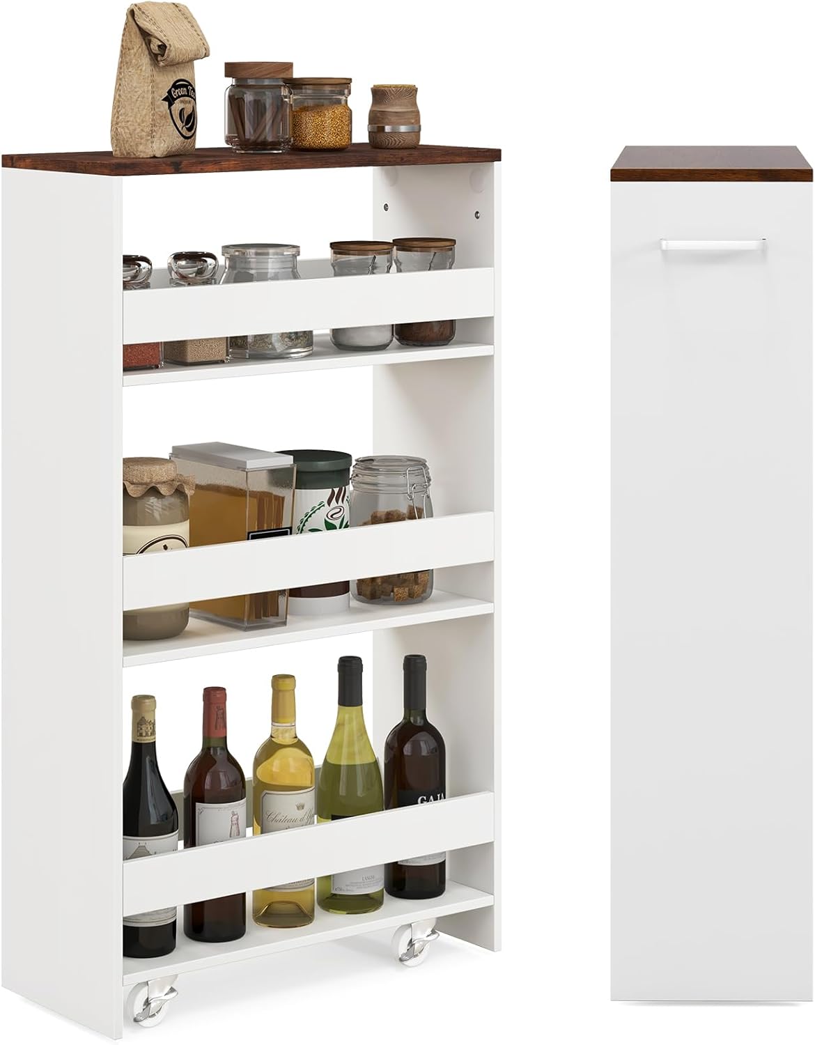 LOKO 4-Tier Rolling Storage Cart, 8 Inches Slim Kitchen Cart on Wheels with Open Shelves & Handle, Laundry Room Cart Between Washer and Dryer, for Bathroom Next to Fridge (White & Rustic Brown)