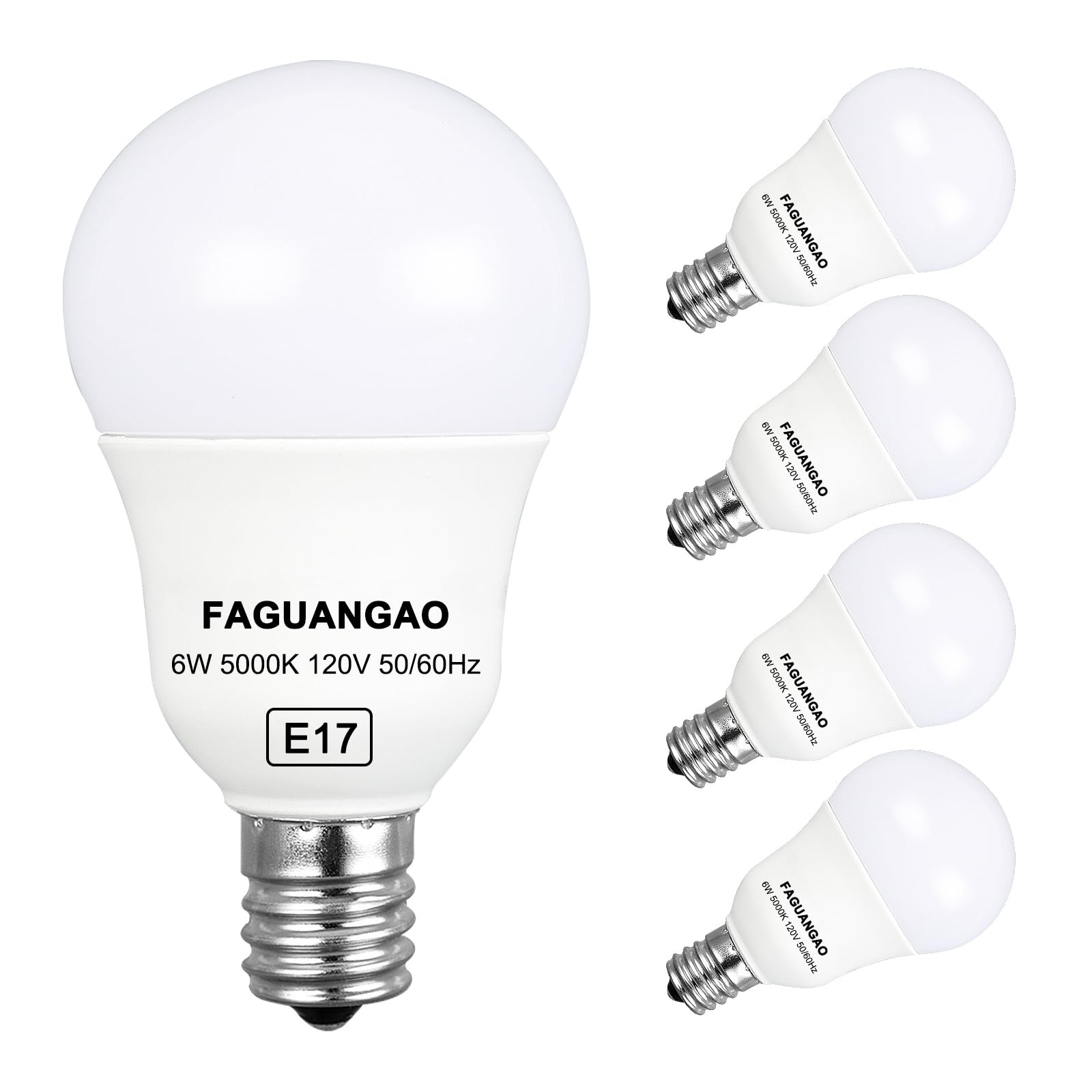 FAGUANGAO E17 Intermediate Base LED G14 Bulbs, 6W 60W Equivalent, 5000K Daylight, 600LM,Globe Light Bulbs for Ceiling Fan, Chandelier Lighting, Not Dimmable, Pack of 4