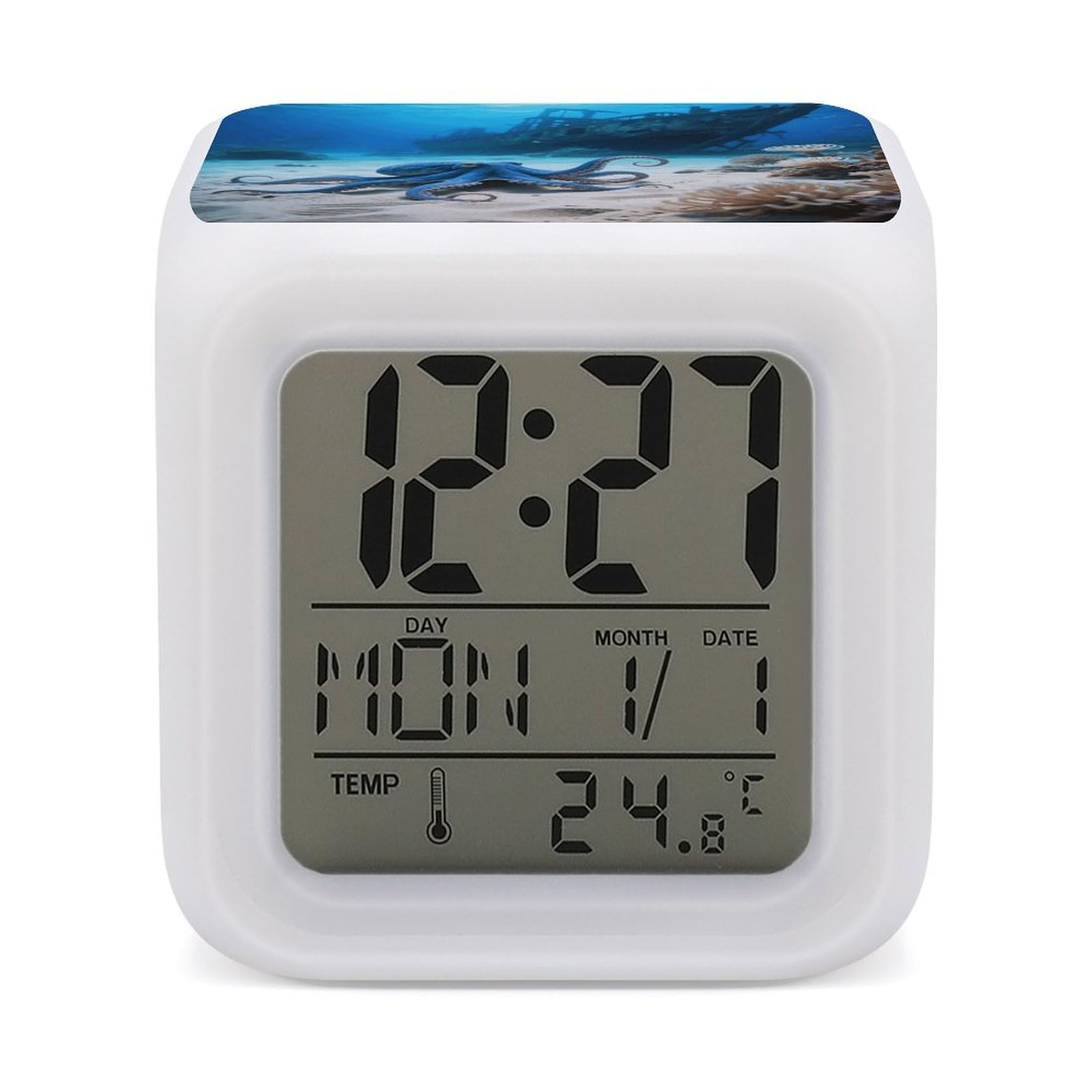 7 Color Ambient Night Light Cube Battery Operated Octopus And Ship Digital Clock with Snooze Temperature LED Digital Alarm Clocks Dimmable Wake Up Light Portable Mood Lamp for Bedroom Desk Gift
