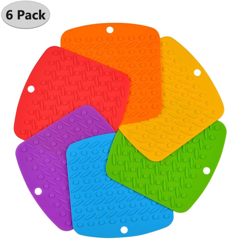 P-Plus International Silicone Trivets Multi-Purpose Silicone Pot Holders, Spoon Rest Table Mat Insulated Flexible Durable Sqaure Pack of 6 Multi 18 * 17cm