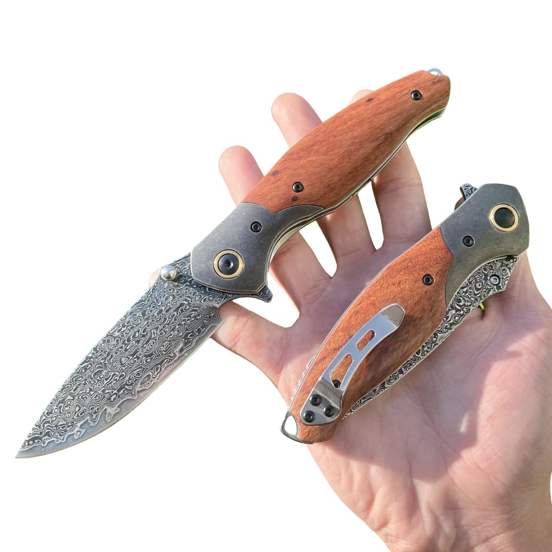Coltello pieghevole lama acciaio damasco nero lusso camping pesca caccia manico legno edc taglio affilato artigianato collezione esterno regalo uomo bushcraft solido forgia cuscinetto sfere