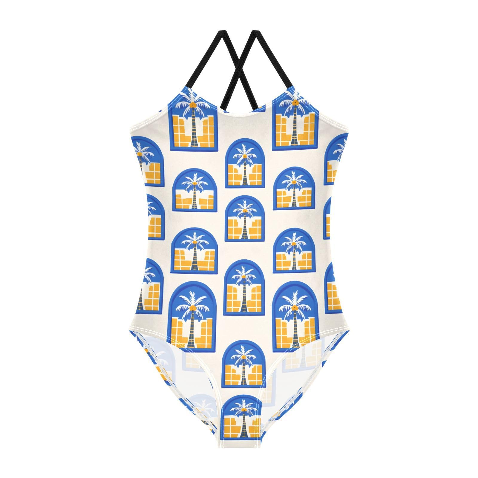 SUABO Palm Tree Pattern Girls Swimsuits Quick Dry Crossback One Piece Bathing Suit Beach Swimwear, 9-10T