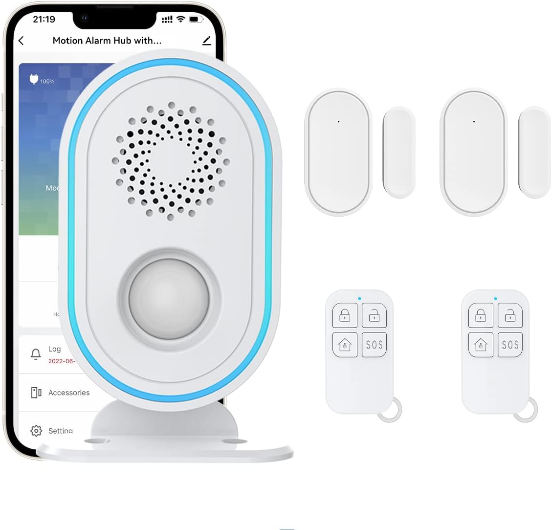 DENFOON Alarmas para casa 130 dB WiFi Alarma Sistema Antirrobo Inalámbrico Kit de 3 Piezas:Detector de Movimiento Sensor Puerta Control Remoto, Trabajo para el Hogar Tienda, Trabajar con Alexa Google