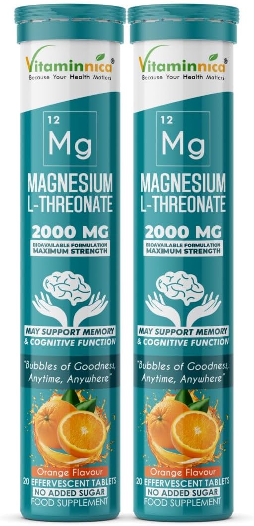 Vitaminnica Magnesium L-Threonate 2000 mg | Ultra-Absorbable Brain Magnesium for Cognitive Support – Enhances Memory, Focus, Mental Clarity & Sleep Quality | Vegan, Non-GMO, Gluten-Free (Pack of 2)