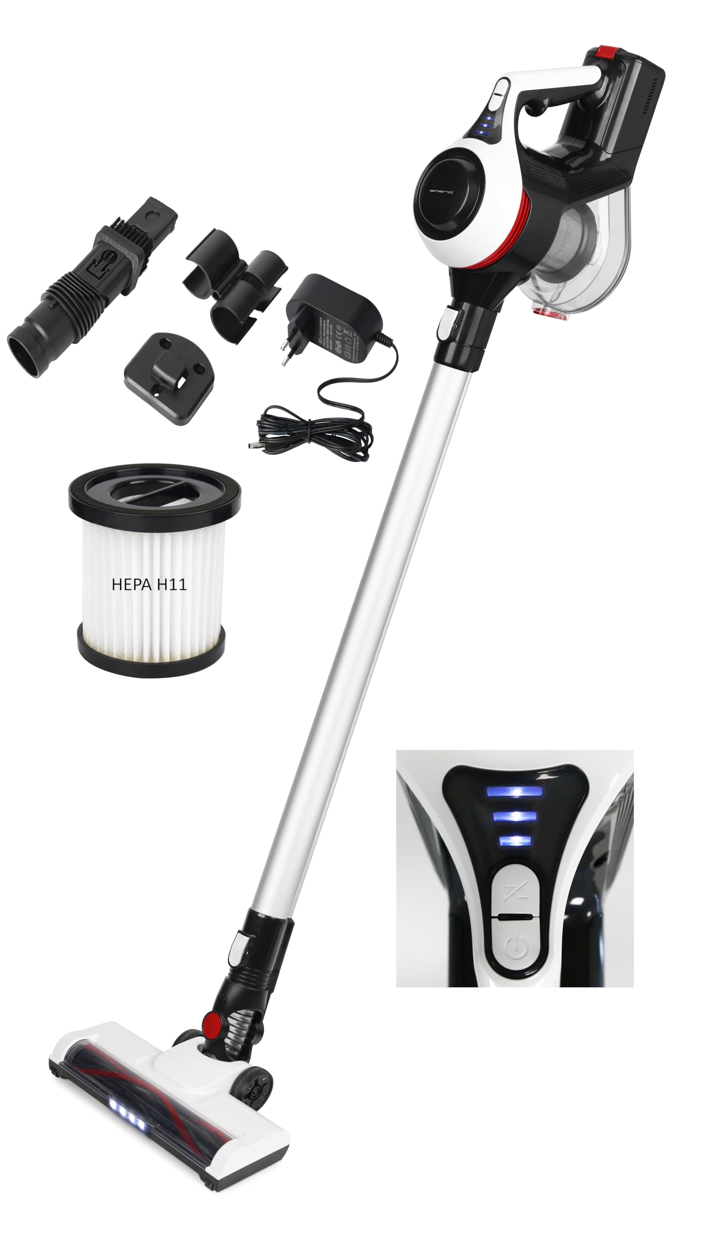Emerio UVC-130959, odkurzacz akumulatorowy, bezprzewodowy, 2 poziomy ssania, 130 W, 22,2 V, 2200 mAh, filtr HEPA H11, czarny/biały, 130 W, 1,2 l