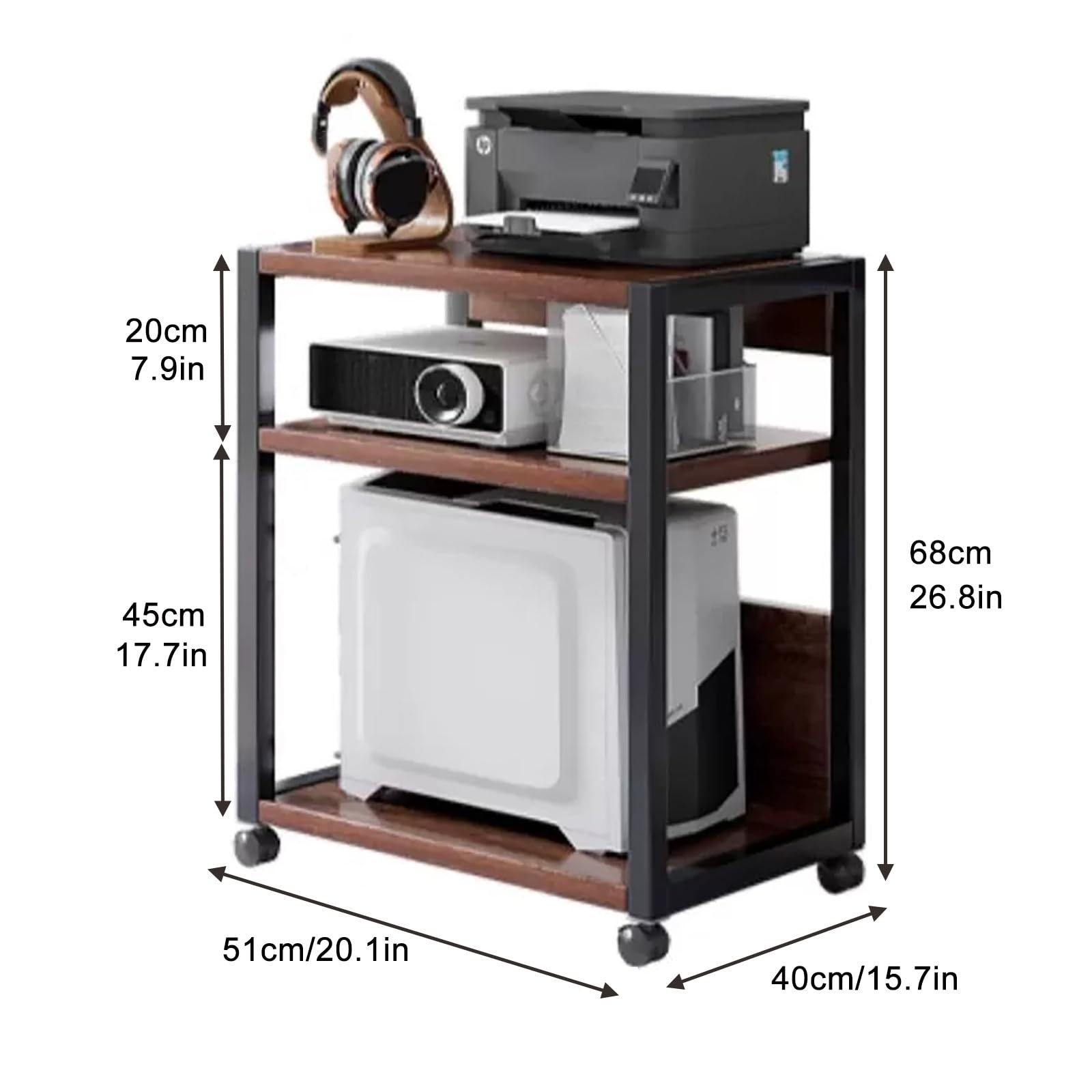 Soporte ajustable para impresora con estante de almacenamiento, soporte móvil para CPU, mesa de impresora industrial para escáner de fax y archivos (natural, 20 x 16 x 27 pulgadas)