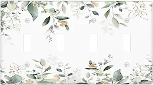 Decorative Switch Plate Covers Rustic Ink Green Eucalyptus Leaves Sage leaf 4 Gang Light Switch Cover Plate Quad Toggle Wall Plate Light Switch Covers for Country Bedroom Home Decor