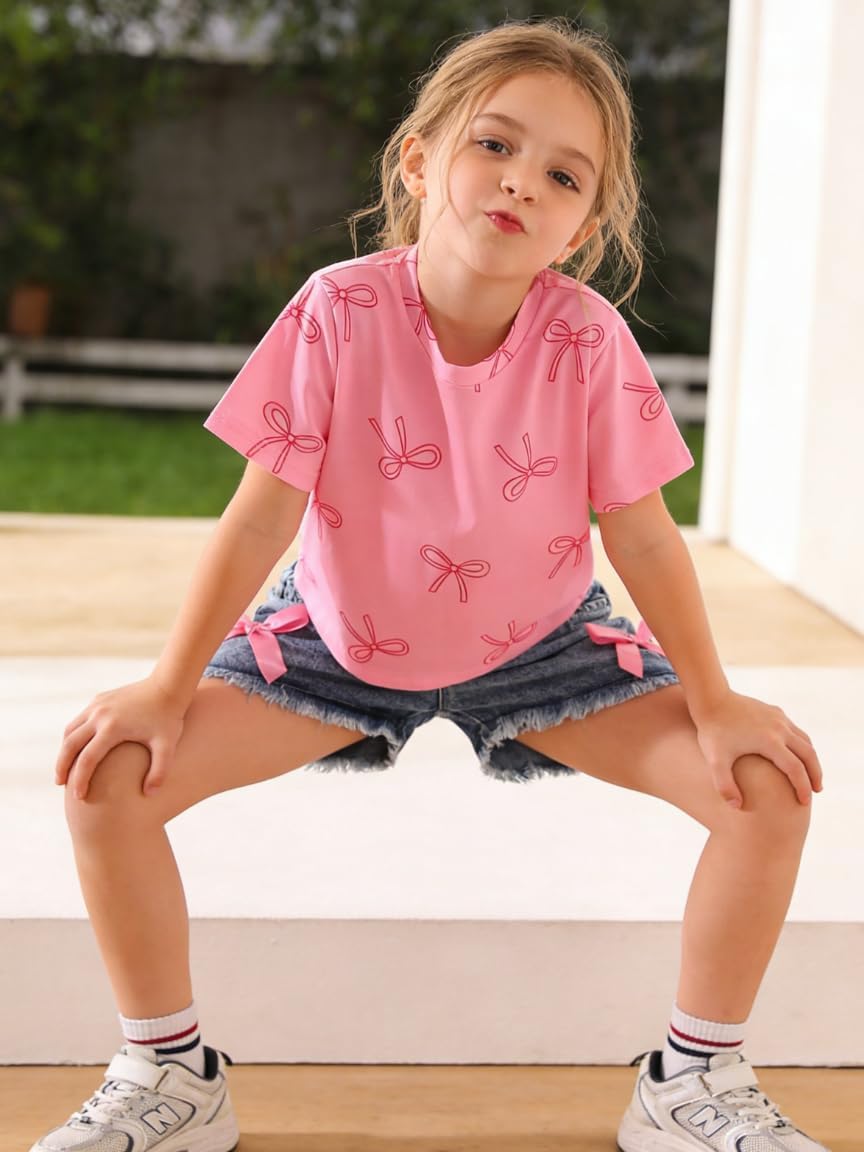 Kid Girls Clothes Outfits Cute Sweet Bowknot Print T-Shirt + Bowknot 2 In 1 Denim Short Summer Clothing Set - Image 4