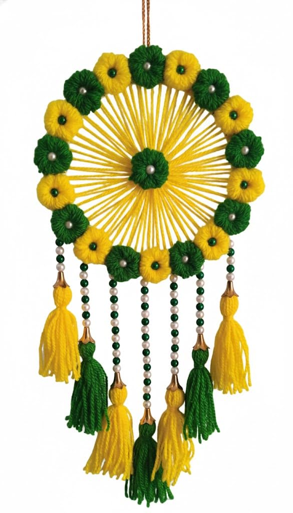Handmade Dream Catcher Wall Hanging, Yellow and Green, Floral Design with Tassels, Beaded Decoration-image-36