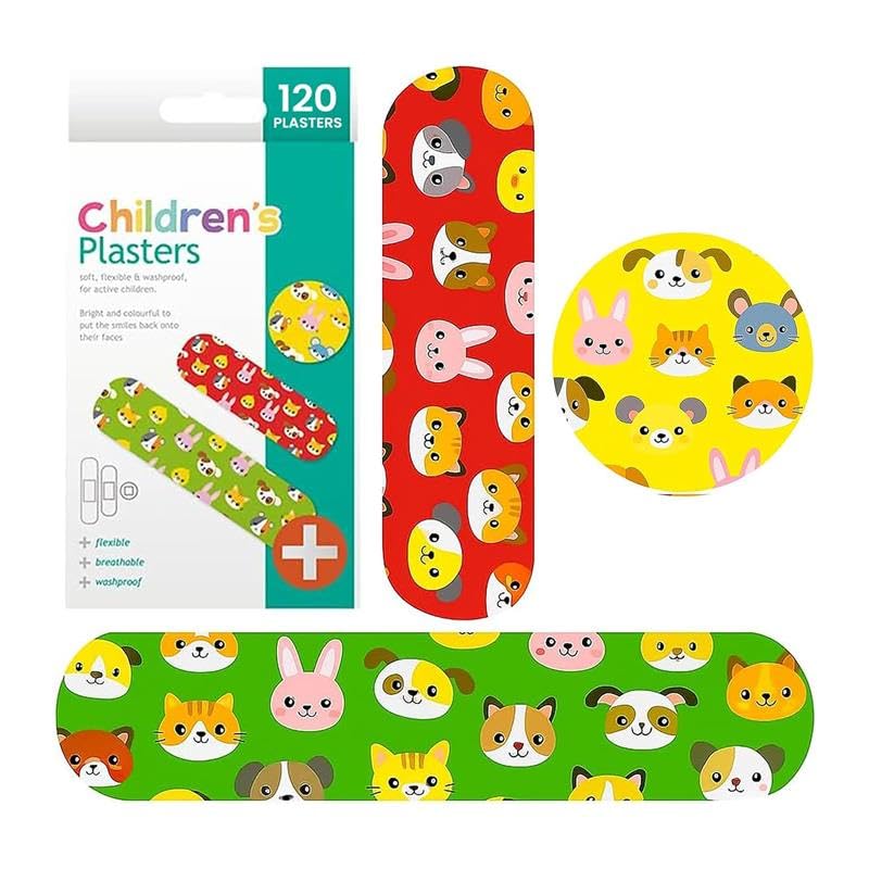 HiFEN Childrens Kids Plasters Pack of 120 Assorted Sizes & Fun Designs Waterproof Skin-Friendly Adhesive Bandages for Cuts Scrapes & Wounds Ideal for Home School & First Aid Kits