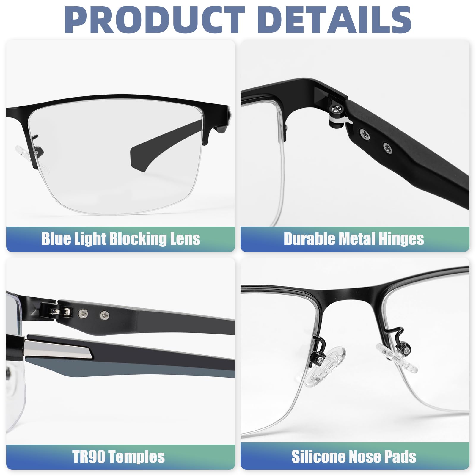 2 Stück progressive Multifokal-Lesebrille für Herren, TR90-Metallrahmen mit halbem Rand, Multifokus-Computerleser