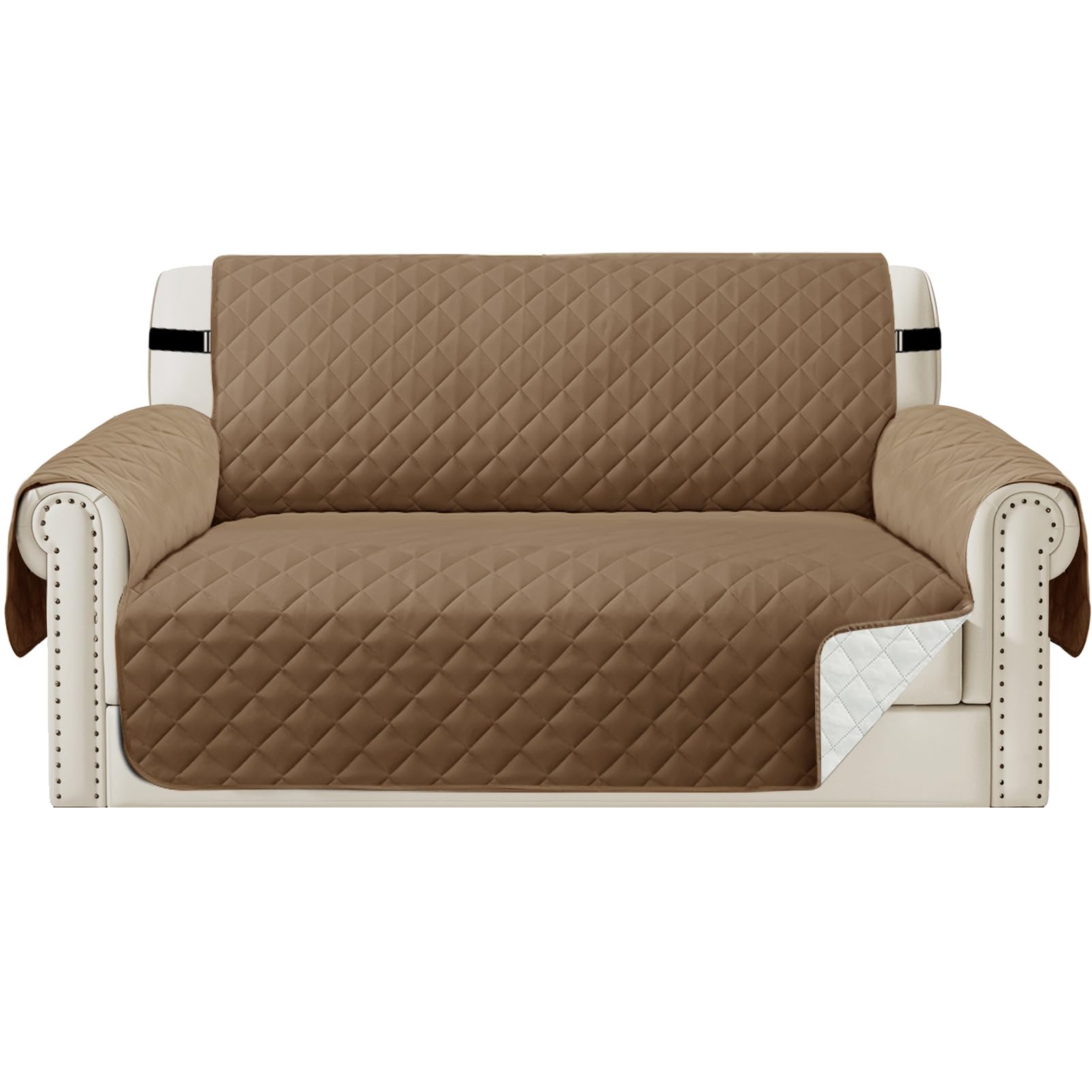 Teynewer Sofa Covers 2 Seater Water Repellent Reversible Sofa Slipcovers Loveseat Couch Settee Covers Non-Slip Furniture Slipcovers with Elastic Straps for Kids Pets, Taupe/Beige