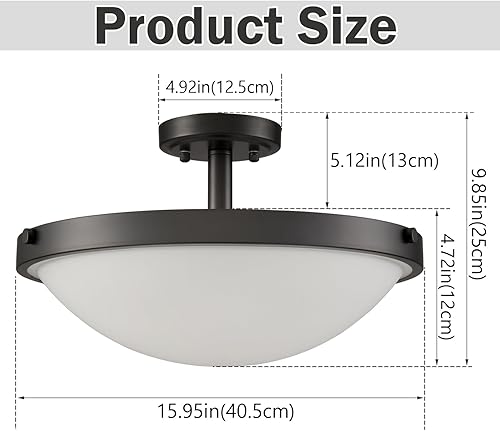 Miniatura 5 de SAMTEEN Lámpara de techo semiempotrada de color negro de granja moderna de 3 luces de vidrio esmerilado, lámpara de techo negra mate para pasillo,