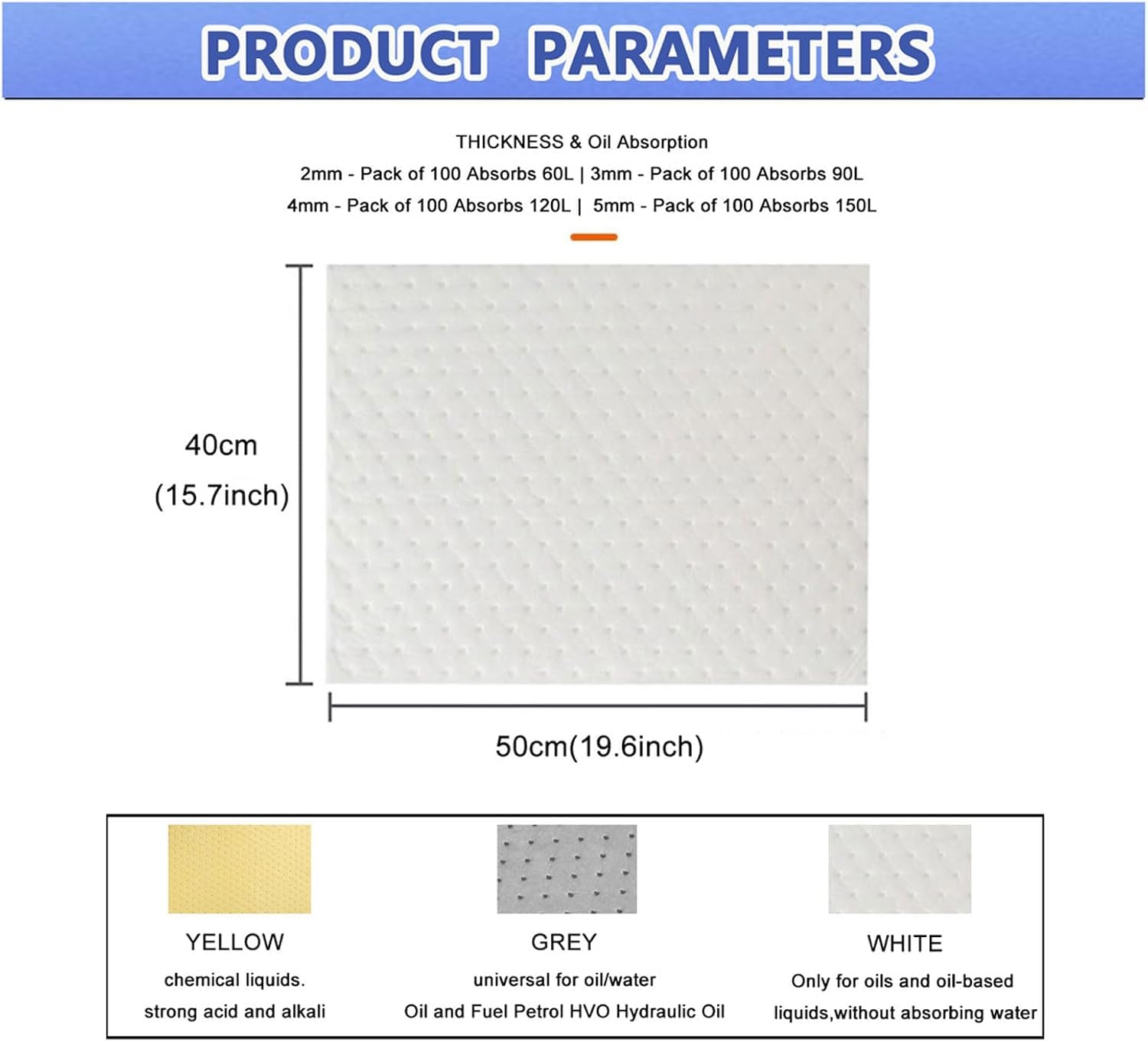 Rollo de láminas absorbentes de Aceite para Productos químicos, ácidos agresivos, álcalis, tapete Absorbente químico, Almohadillas de Respuesta a derrames para Uso en Interiores y Exteriores