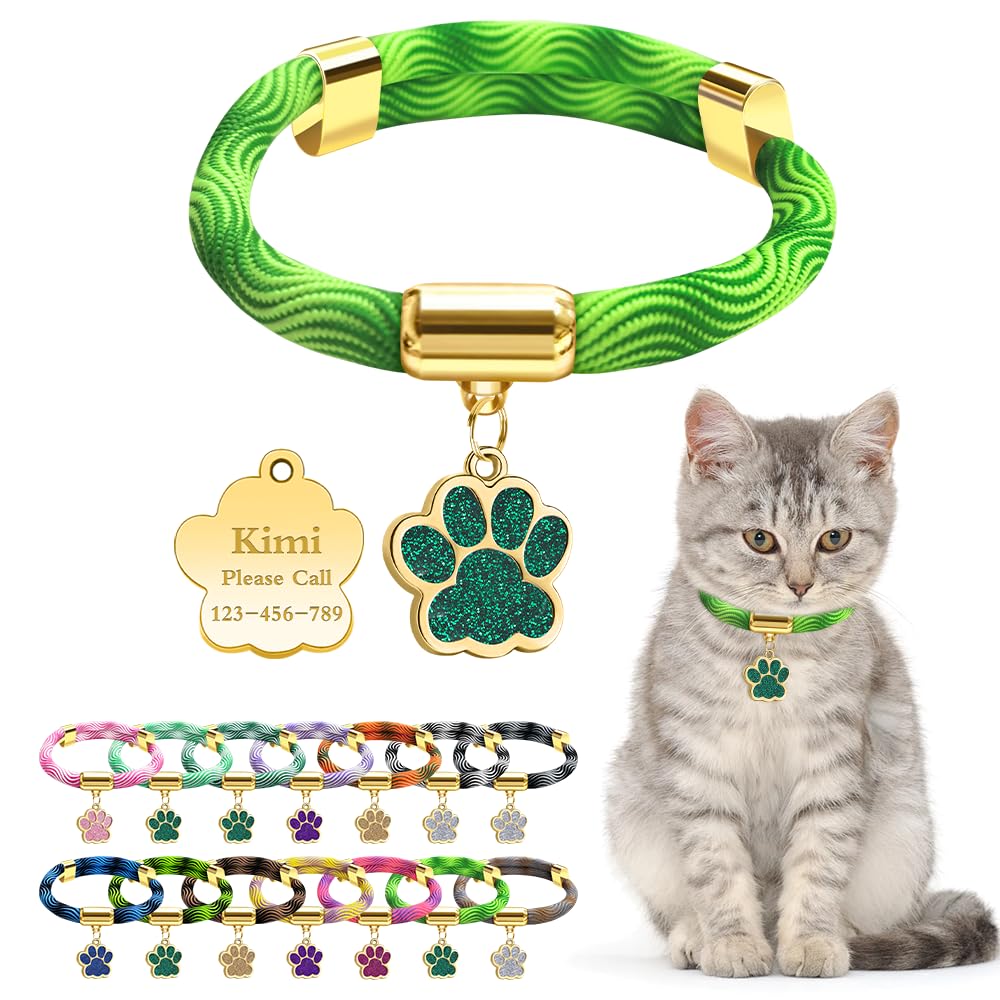Personalized Breakaway Cat Collars with Magnetic Quick Release Buckle, Custom Engraved Name Tag for Cats (Wavy Neon Green)
