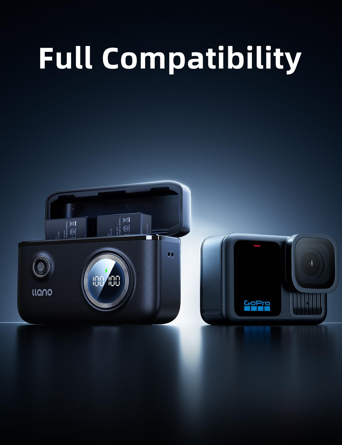 llano Batteria per GoPro Hero 31, per go pro Caricabatterie, Confezione da 2 batterie ricaricabili da 1950 mAh, doppio caricabatterie rapido per fotocamere GoPro Hero 13, display intelligente