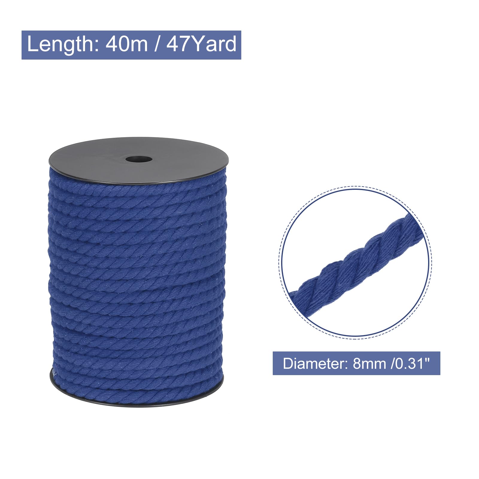 MECCANIXITY Cotton Rope 3 Strand Twisted Braided Rope Cord, Blue 8mm x 131ft Craft Rope Cord Cotton for Wall Hanging, Plant Hanger, Knitting, Macrame Knotting