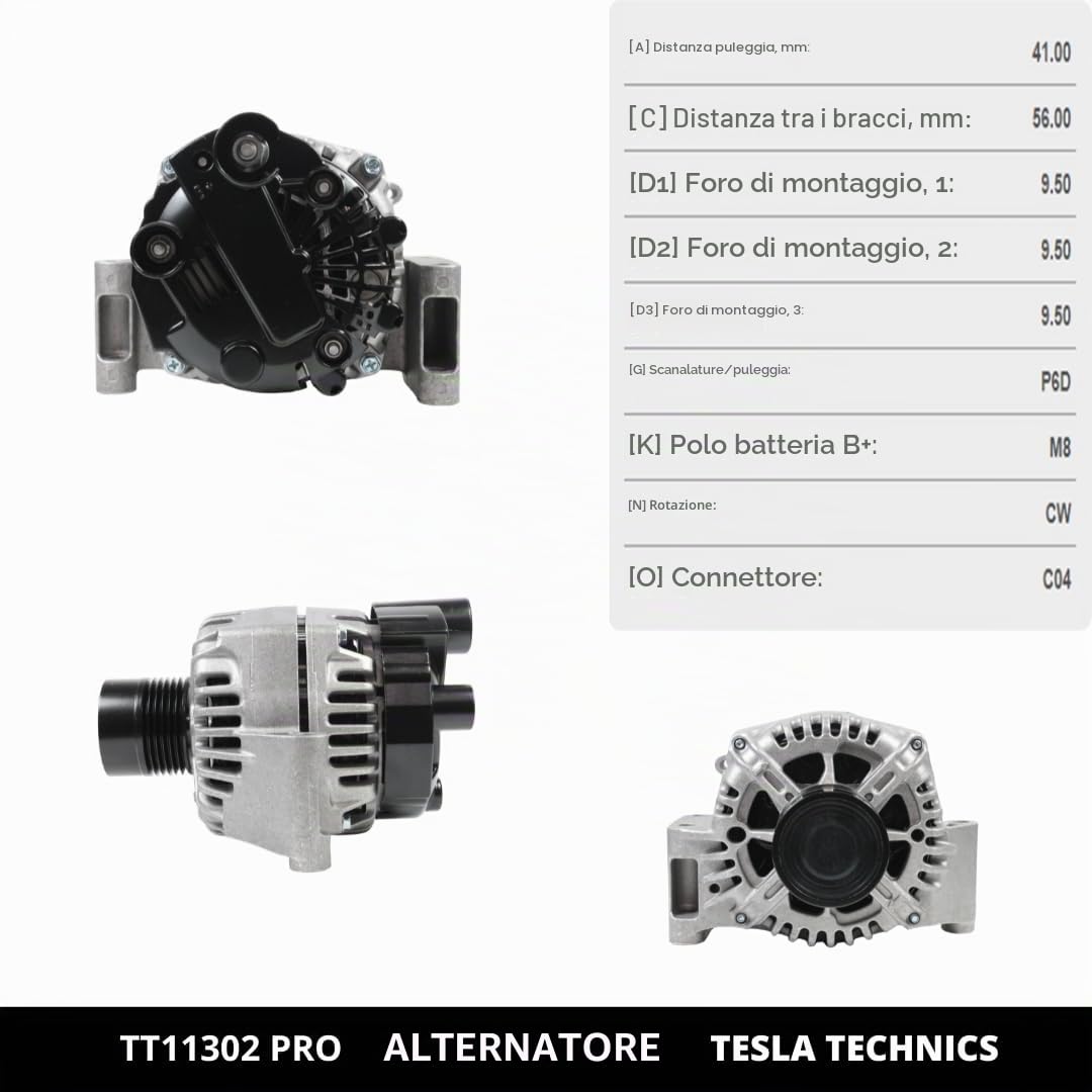 TT11302 PRO Alternatore per auto 12V, 90A.Compatibile con ALFA ROMEO, OPEL, CITROËN, FIAT, FORD, LANCIA, PEUGEOT, SUZUKI, VAUXHALL.Installazione facile e garantita.