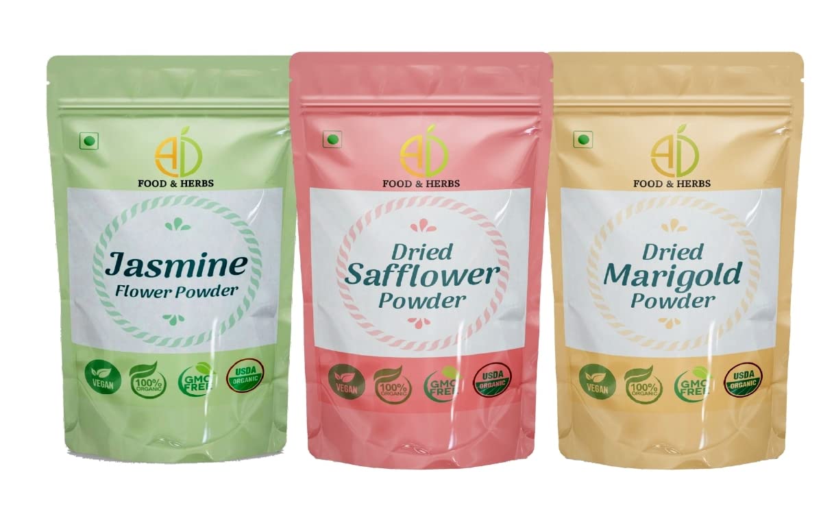 A D Food & Herbs Combo of Jasmine/Safflower/Marigold Flower Powder Aromatic Edible for Homemade Lattes, Tea Blends, Bath Salts, Face packs & Body packs (20 GMS x Pack of 3)