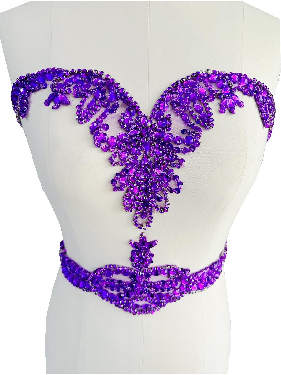 Handsewn Purple Rhinestone Applique Patches - Sew On Crystal Bead Trim For Dresses & Clothing