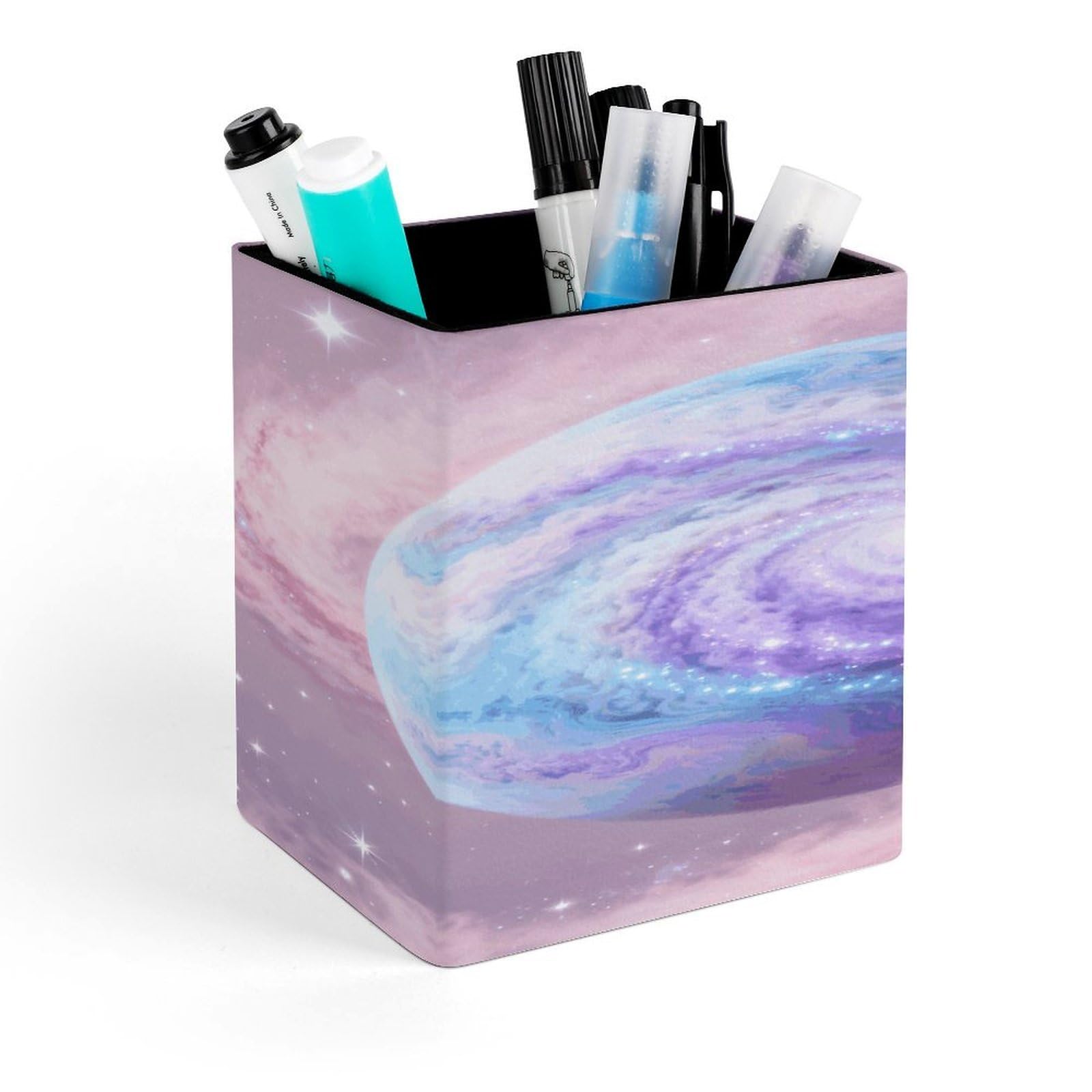 LZQPOEAS Planet Square Pen Pencil Holder PU Leather Pencil Cup Desktop Stationery Organizer Office Accessories Container