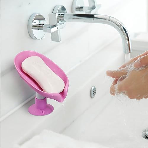 Miniatura 7 de Jabonera con forma de hoja, jabonera autodrenante, extiende la vida útil del jabón en barra, mantiene el jabón seco (rosa + rosa)