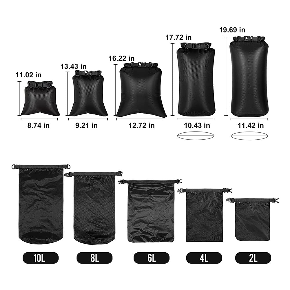 Pack de 6 Bolsas Impermeables para Kayaking, Boating, Bolsa Seca, Almacenamiento al Aire Libre para Canoeing, Camping, natación, Senderismo, Color Negro