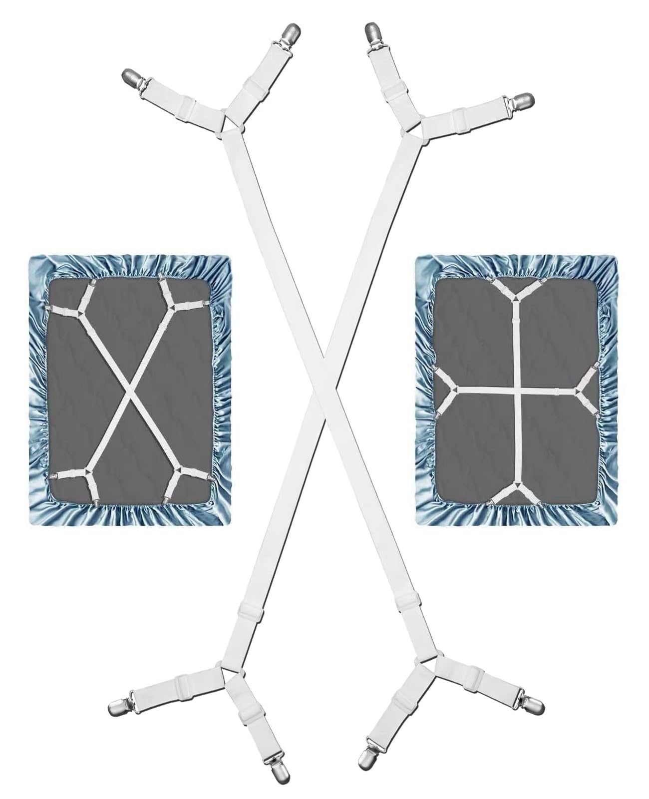 ASADAYS 2-Pack Bed Sheet Fasteners 4-Clip Adjustable Triangular Elastic Straps Cross Mattress Anti-Slip Grippers Secure Grip Clips for Bed Sheets and Sofa Cushions Essential for Home (White-4Clip/2P)
